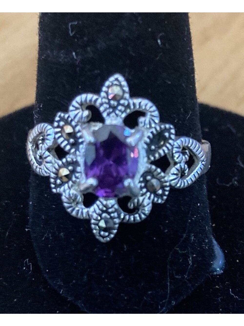 925 Sterling Silver Amethyst Color Stone Ring Size 8 Vintage Filigree